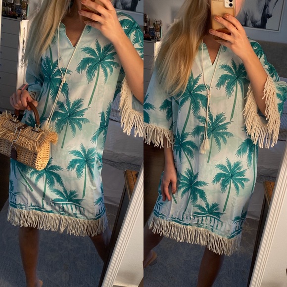 π BOHO GREEN PALM PRINT FRINGE LOOSE FIT DRESS! - Picture 10 of 10